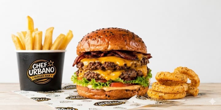 Papas, hamburguesa y aros de cebolla